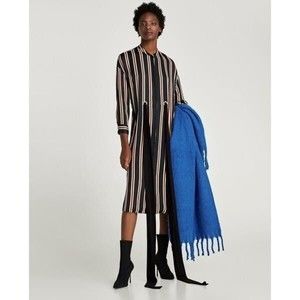 Zara Striped Belted  satin Tunic/Shirt Dress side pockets Black Brawn Size Small